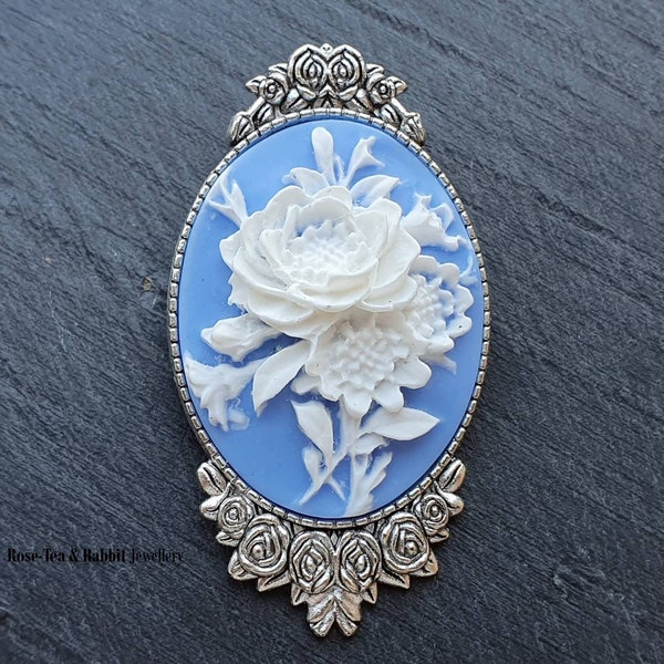 Floral Posy Brooch - Pastel Blue & White Resin Cameo - Antiqued Silvertone Base - Modern-Vintage Style - 59mmx32mm (2.32x1.25 inches) - Gift