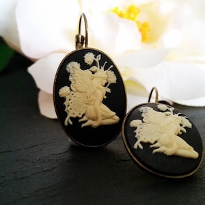 Fairy Cameo Drop Earrings: Black & Ivory Resin, Vintage Style