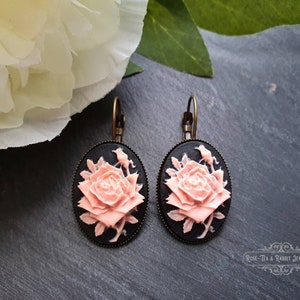 Classic Rose Cameo Drop Earrings, Black and Pink Tones, 37x19mm(1.45 x 0.74 Inches), Antiqued Bronze Base, Pretty Romantic Vintage Look