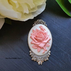 Large Cameo Rose Brooch - White & Pastel Pink Resin Cameo - Antiqued Silvertone Base Pretty Modern-Vintage Design - 59x32mm/2.32x1.25 Inches