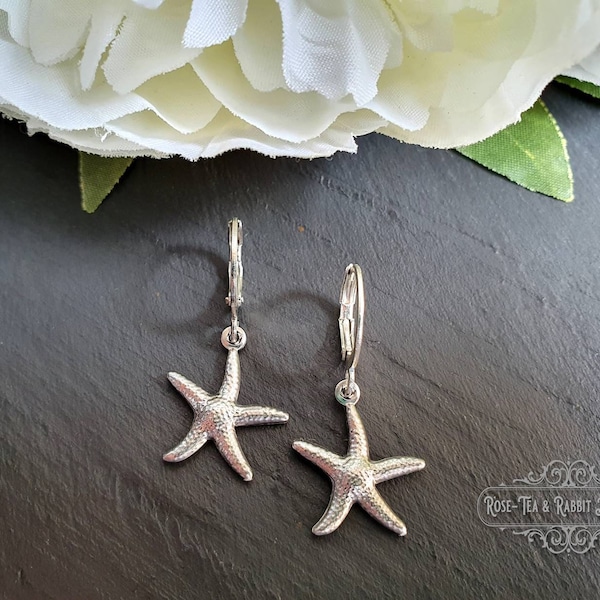 Petite Silvertone Starfish Drop Earrings, Circular Lever Back Closure, Length: 3.5cm(35mm/1.37 Inches)