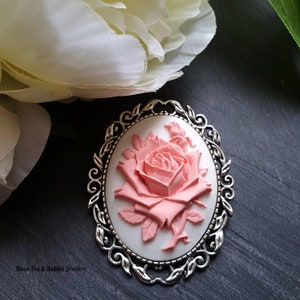 Large Cameo Rose Brooch - White & Pastel Pink Resin Cameo - Antiqued Silvertone Base Pretty Modern-Vintage Design - 40x50mm/1.57x1.96 Inches