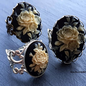 Adjustable Floral Posy Resin Cameo Ring - 3 Different Styles - 18mmx13mm - 18mmx25mm - Silver Plated or  Antiqued Bronze Ring Base