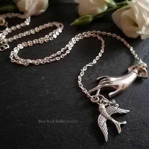 Pointing Hand Necklace w Swallow Charm & Fire Polished Crystal Detail - Antiqued Silverplate - Optional Chain Length - Bluebird of Happiness