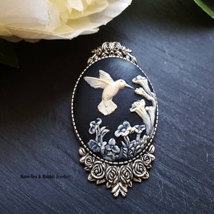 Black/Ivory Hummingbird with Trumpet Flowers Resin Cameo - Pin Brooch - Modern Vintage Style - 59x32mm/2.32x1.25 Inches - Good Luck Symbol