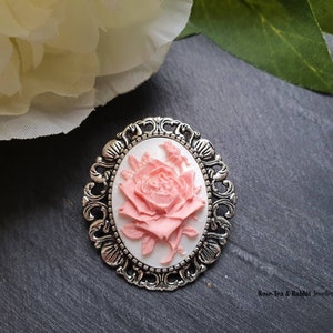 Pink & White Rose Brooch/Pendant - Resin Cameo - Silvertone Base - Medium Size - 30xmm35mm (1.18x1.37 inches) - Converts To Necklace Pendant