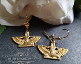 Isis/Aset Winged Egyptian Goddess Drop/Dangle Earrings: Vintage Style | Detailed Stamped Brass Charm | Lever Back Closure | Gold Finish