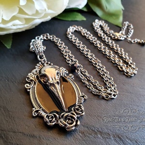 Bird/Crow Skull Pendant Necklace - Antiqued Silvertone Finish - Black Enamel Detail - Gothic, Modern-Vintage Style - Optional Chain Lengths