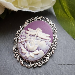 Large Dragonfly Cameo Pin/Brooch - Modern Vintage Style - White Dragonfly with Waterlilies on Deep Purple Background - 5cmx4cm/1.96''x1.57''