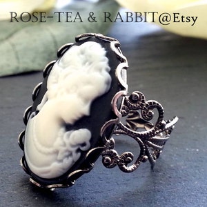 Black and White Classic Victorian Lady Cameo Ring - Adjustable Filigree Ring - 18x25mm - Gunmetal/Silver/Gold Finish - Modern Vintage Style