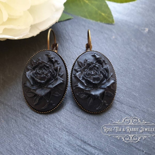 Black Rose Cameo Drop Earrings, Monochromatic, 37x19mm (1.45 x 0.74 Inches), Antiqued Bronze Base, Lever Back, Victorian Mourning Jewellery