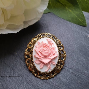 Pink & White Rose Brooch/Pendant, Resin Cameo, Goldtone Base, Medium Size, 30xmm35mm (1.18x1.37 inches), Converts To Necklace Pendant