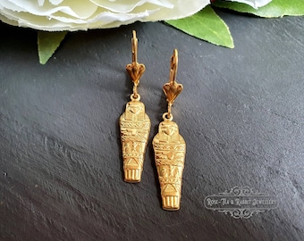 Egyptian Sarcophagus Earrings: Raw Brass Goldtone Dangle Earrings