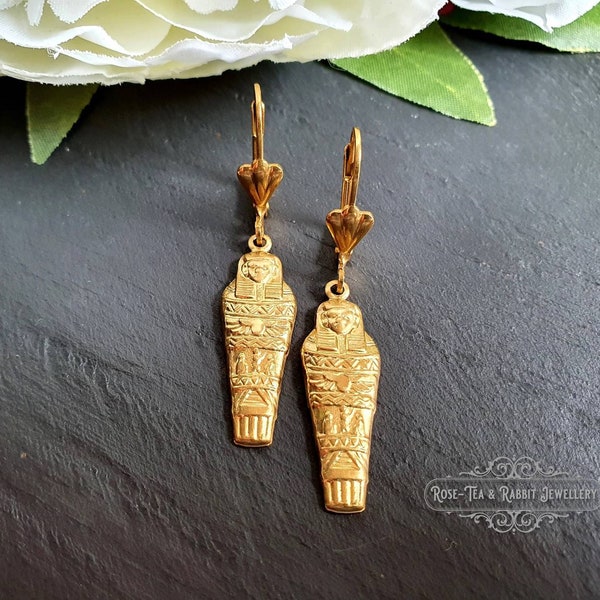 Egyptian Earrings, Drop | Dangle, Sarcophagus Charm, Raw Brass Goldtone Finish, Lever Back Closure, Drop Length: 4.5cm( 45mm/1.77 Inches)