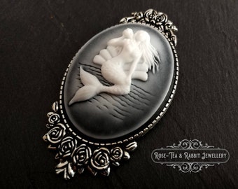 Classical Mermaid Brooch, White/Black Background, Silvertone Base,  Modern-Vintage, 5.9x3.2cm(2.32x1.25 Inches), Lovely Floral Detail