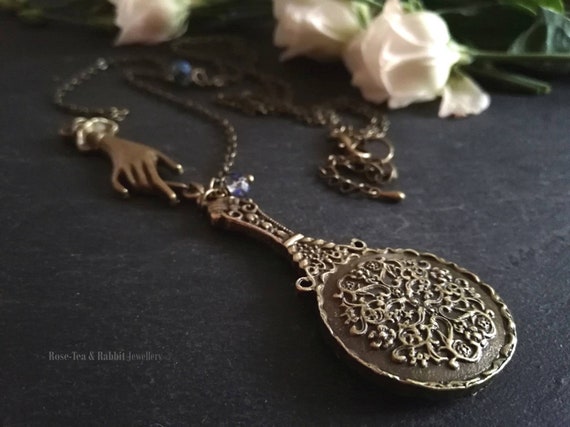 Victorian Hand Mirror Necklace: Antiqued Bronze Charm, Gothic Jewelry