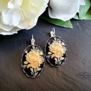 Floral Cameo Drop Earrings: Vintage Style Resin Posy, Bright Silver