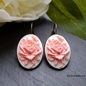 Classic Rose Cameo Drop Earrings - White and Pink Tones - 3.7x1.9cm(1.45 x 0.74 Inches) -Antiqued Bronze - Pretty Romantic Look - Chic Gift