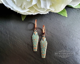 Verdigris Copper Egyptian Sarcophagus Dangle Earrings