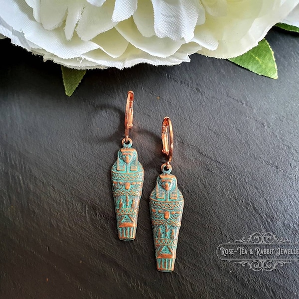 Egyptian Earrings, Drop | Dangle, Sarcophagus Charm, Copper with Verdigris Finish, Lever Back Closure, Drop Length: 4cm( 40mm/1.57 Inches)