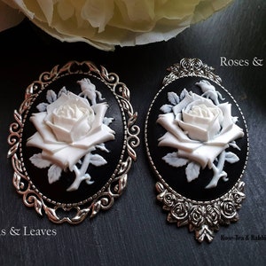 Large Cameo Rose Brooches - Black & White Resin Cameo - Antiqued Silvertone Base - Modern-Vintage Style - Two Base Options To Choose From