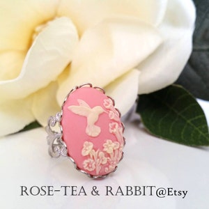 Hummingbird/Flowers Adjustable Cameo Ring - Ivory/Peachy Pink - Silver/Gold/Gunmetal/Antiqued Bronze Plated Filigree Ring Base - 18x25mm