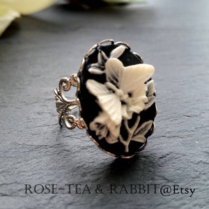 Black/White Butterfly Adjustable Cameo Ring - Silvertone/Goldtone/Gunmetal/Antiqued bronze Finish Filigree Base Options - Positive Symbolism