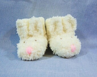 Knitted Bunny Baby Booties, Soft, Furry Bootees Size 0-6 Months, Newborn Gift