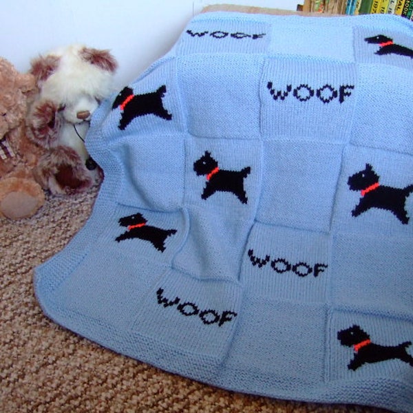 KNITTING PATTERN: Baby Child's  Dog Motif Blanket, Scottie Dog, Blue Double Knit Blanket Pattern, Newborn Gift, Baby Shower