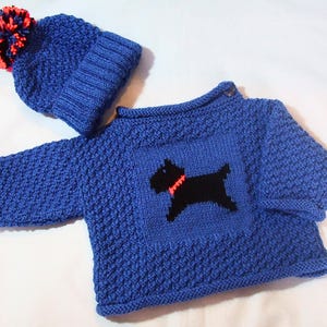 Hand Knit Baby Boy Jumper and Hat Set: Scottie Dog Motif, 0-6 Months
