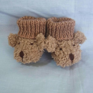 Hand Knit Teddy Bear Baby Booties: Beige Furry Newborn Gift, 0-6 Months