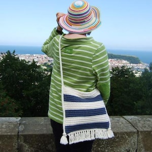 Cross Body Bag, Handmade Summer Cotton Shoulder Bag, Hand Knitted Bag with Fringe, Blue White stripe Boho Bag, Women&#39;s Accessories, Festival