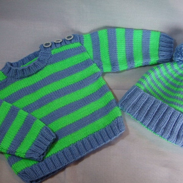 Baby Jumper and Hat Set, Hand Knitted Blue Green Striped Babies Outfit, 0-6 Months, 18 inch chest Baby Shower, Newborn Gift