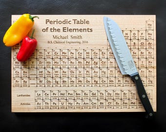 Personalized Periodic Table Cutting Board Engraved with Name, University and Degree in White Oak, Maple, Cherry or Walnut Wood.