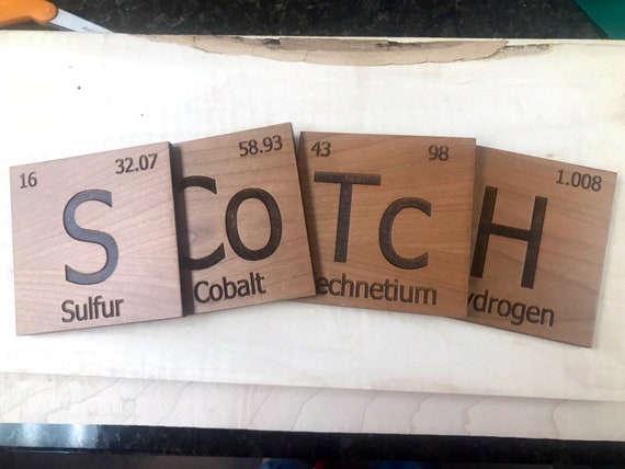 Periodic Table Inspired SCoTcH Wooden Coasters. Available in Cherry. Living Room-Home Decor-Home Bar-Bar Decor