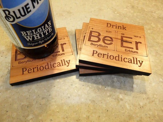 Periodic Table Inspired Drink Beer Periodically Wooden Coasters. Available in Cherry. Living Room-Home Decor-Home Bar-Bar Decor