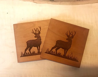 Wooden Deer Coasters with  Deer Engraved on  Cherry Wood. Home Bar-Home Decor-Patio-Housewarming Gift-Man Cave-Living Room