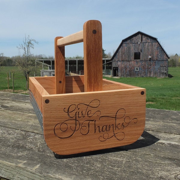 Wooden Vegetable Basket Made from Oak Wood with a Maple Handle.