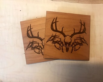 Wooden Deer skull Coasters with  Deer skull Engraved on  Cherry Wood. Home Bar-Home Decor-Patio-Housewarming Gift-Man Cave-Living Room