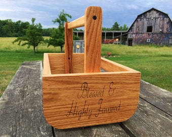 Wooden Garden Basket Made of Oak Wood with a Maple Wood Handle.