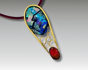 Fused Dichroic Glass Brass Pendant Necklace-Handmade Minimalist Jewelry-Statement Necklace-Unisex-Contemporary-Red Gold-The Emma Collection