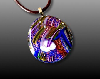 Fused Dichroic Glass Pendant in Blue Purple and Orange - Unique Hand-blown Glass Design - Handmade Necklace - One of a Kind - Unisex Jewelry