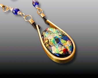 Fused Dichroic Glass Brass Pendant Necklace-Handmade Necklace-Minimalist Jewelry-Unisex Jewelry-Contemporary Necklace-The Emma Collection