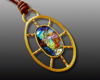 Fused Dichroic Glass Pendant Necklace - Brass Setting Wheel Shape - Opalescent Dichroic Glass - Nautical Design - Unisex Jewelry