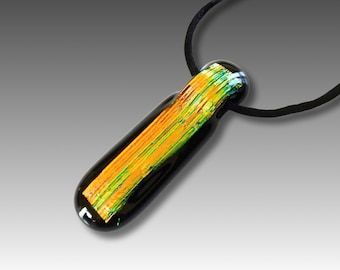 Dichroic Glass Pendant - Unisex Long Fused Glass Necklace - Handmade Jewelry - Handcrafted Pendant - Orange Striped - Gift for Him or Her