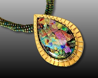 Teardrop shaped Dichroic Glass Pendant - Brass Fused Glass Beaded Necklace - Simulated Opal - Statement One of a kind - Multicolored Glass