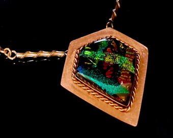 Blue Rust Green Fused Dichroic Glass Copper Pendant Necklace - Diamond shaped Copper Pendant - Handcrafted Copper Chain - Statement Jewelry