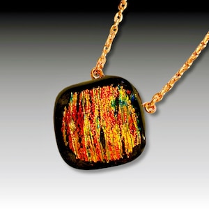 Small Orange Green Blue Fused Glass Pendant - Dichroic Glass Necklace Chain - Handmade Jewelry by 3D Glass Designs