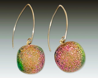 Pink Green Dichroic Glass Earrings - Pierced Drop Earrings - Stainless Steel Ear Wires - Square Shaped Glass - by 3D Glass Designs