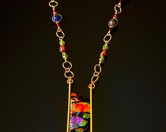 Contemporary Beaded Dichroic Glass Pendant Necklace - Colorful Brass and Glass Necklace - Handcrafted Jewelry - The Emma Collection